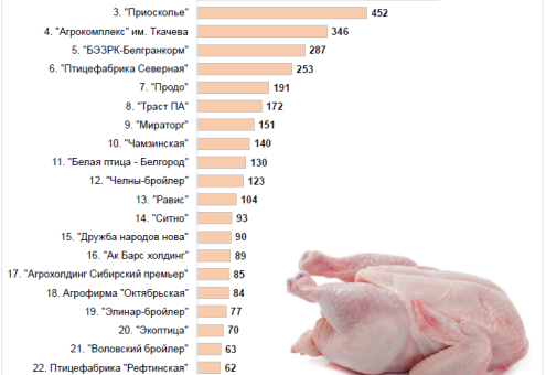 Крупнейшие российские птицефабрики произвели 4,64 млн тонн мяса бройлера